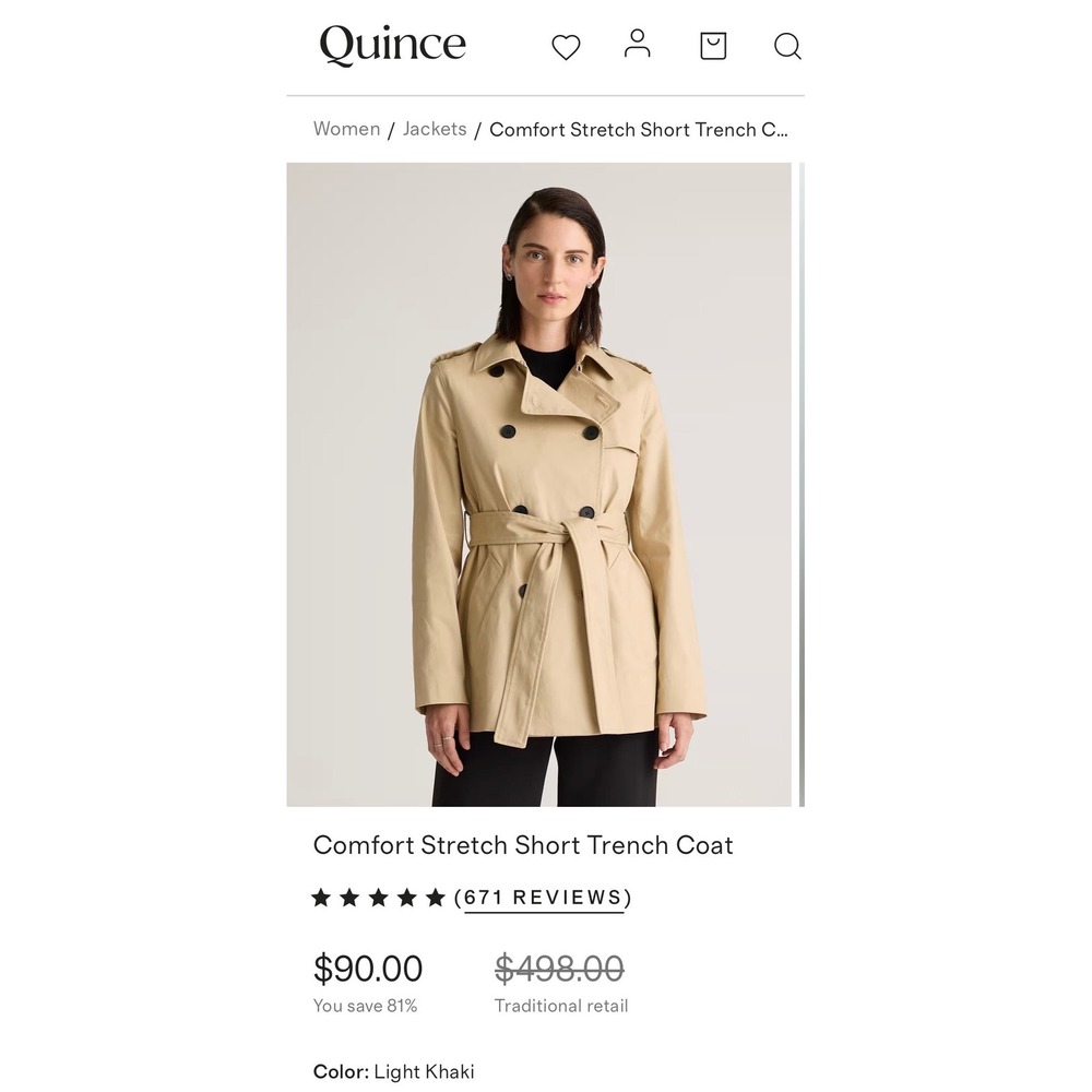 Quince Women Organic Cotton Stretch Belted Trench Coat Khaki Tan XL NWT